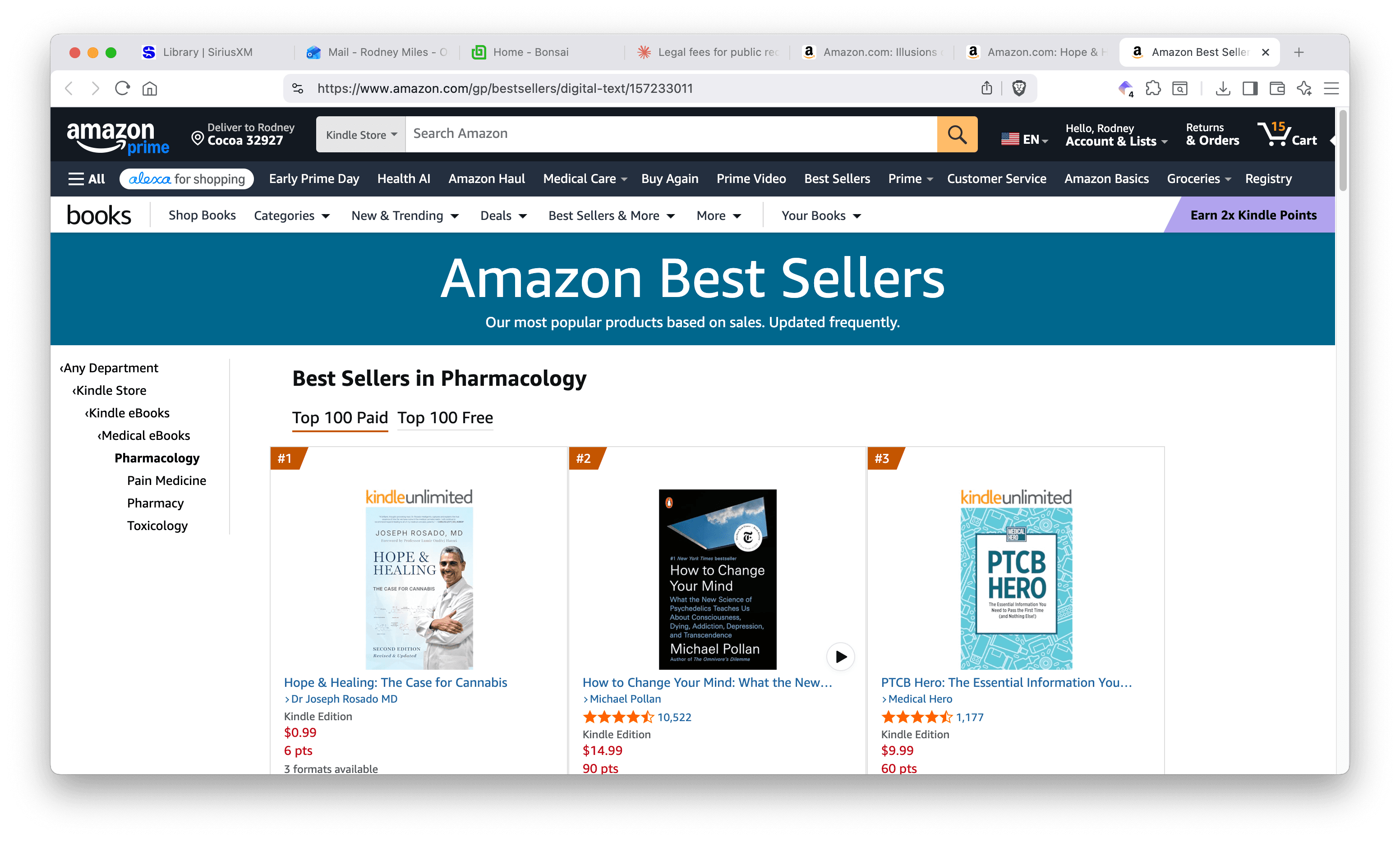 Amazon Best Sellers screenshot showing Hope & Healing ranked #1 in Pharmacology